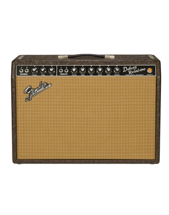 Fender '65 Deluxe Reverb Western CB Limited Edition Deluxe Reverb คือแอมป์ที่ถูกใช้บรรเลงในการบันทึกเสียงเพลงฮิตนับไม่ถ้วนมานานหลายทศวรรษและเป็นแอมป์ที่ดีที่สุดรุ่นหนึ่งในช่วงกลางของยุค '60s และเป็นแอมป์กีต้าร์ที่ถูกนำไปใช้งานอย่างหลากหลายและขาดไม่ได้ที่สุดรุ่นหนึ่ง ด้วยกำลังขับขนาดกลาง 22 วัตต์ ที่ให้เสียงทรงพลังและเปล่งประกาย เป็นที่นิยมจาก Muscle Shoals ไปจนถึง Abbey Road และในเวทีทั่วโลกซึ่งขาดไม่ได้ วันนี้ '65 Deluxe Reverb ยังคงเป็นหนึ่งในแอมป์ที่เจ๋งที่สุดด้วยเสียงที่ยอดเยี่ยมและสไตล์วินเทจในช่วงกลางยุค 60 ที่ยังคงความเป็นร็อค , บลูส์ และคันทรี่ในทุกที่มันถูกบรรเลง ความคลาสสิคนั้นก็ยังคงเป็นอยู่จนถึงทุกวันนี้ Fender '65 Deluxe Reverb Western CB Limited Edition The 22-watt Factory Special Run (FSR) '65 Deluxe Reverb® amp is for rock, country, or blues players who want a moderately powered amp they can crank up at the gig or in the studio. The full, snappy guitar tones heard on many famous recordings from Memphis to Abbey Road were made using the Deluxe™ amp. Features include dual 6V6 Groove Tubes® output tubes, one 5AR4 rectifier tube, four 12AX7 preamp tubes, two 12AT7 tubes, one 12" 8-ohm Celestion Creamback G12M Speaker, dual channels (normal and vibrato), tube-driven Fender® reverb, tube vibrato, two-button footswitch for reverb and vibrato on-off, brown western tooled vinyl covering, wheat grille cloth, and limited edition badge.